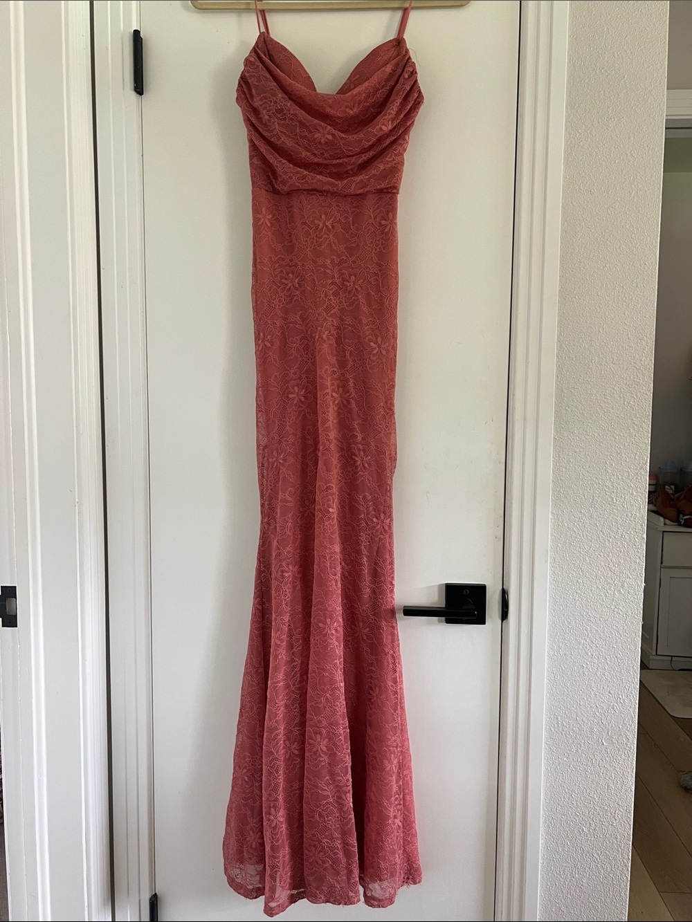 Windsor Dusty Rose Lace Cowl Neck Evening Gown